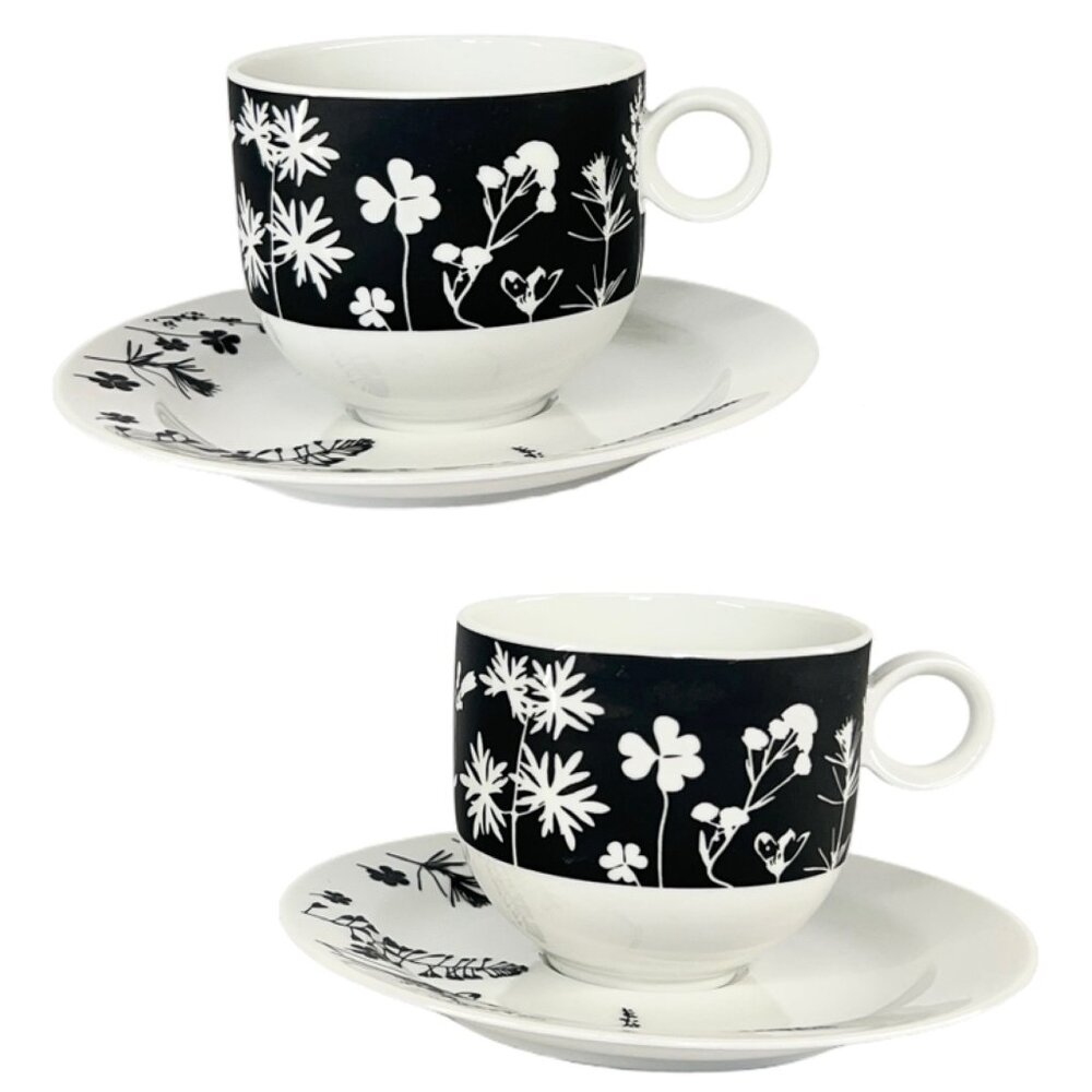 Franconia-Krautheim Candlelight 4 Pce Flat Porcelain Cup Saucer Set B/W‎ Floral